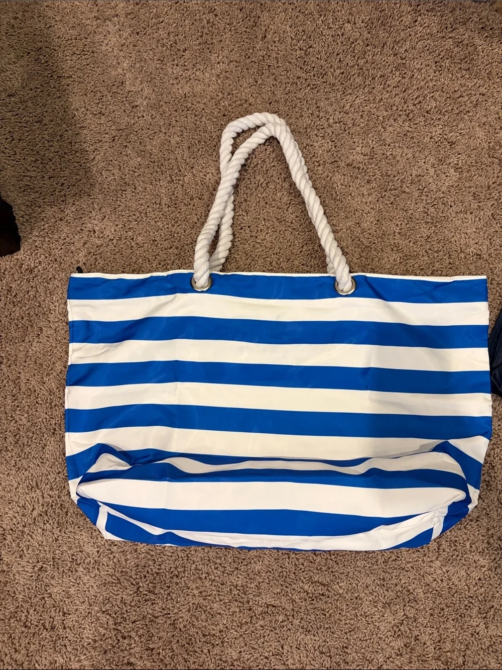 Striped Rope-Handle Tote Bag in Blue and White - Picture 3 of 6